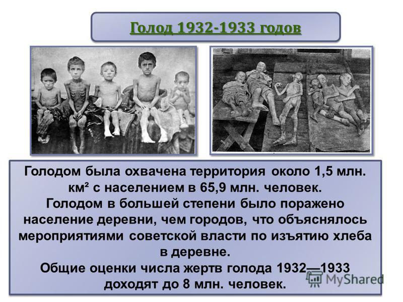 Голодом была охвачена территория около 1,5 млн. км² с населением в 65,9 млн. человек. Голодом в большей степени было поражено население деревни, чем городов, что объяснялось мероприятиями советской власти по изъятию хлеба в деревне. Общие оценки числ
