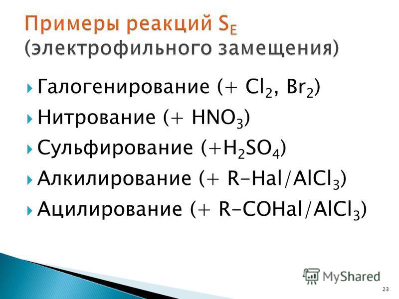Галогенирование (+ Cl 2, Br 2 ) Нитрование (+ HNO 3 ) Сульфирование (+H 2 SO 4 ) Алкилирование (+ R-Hal/AlCl 3 ) Ацилирование (+ R-COHal/AlCl 3 ) 23