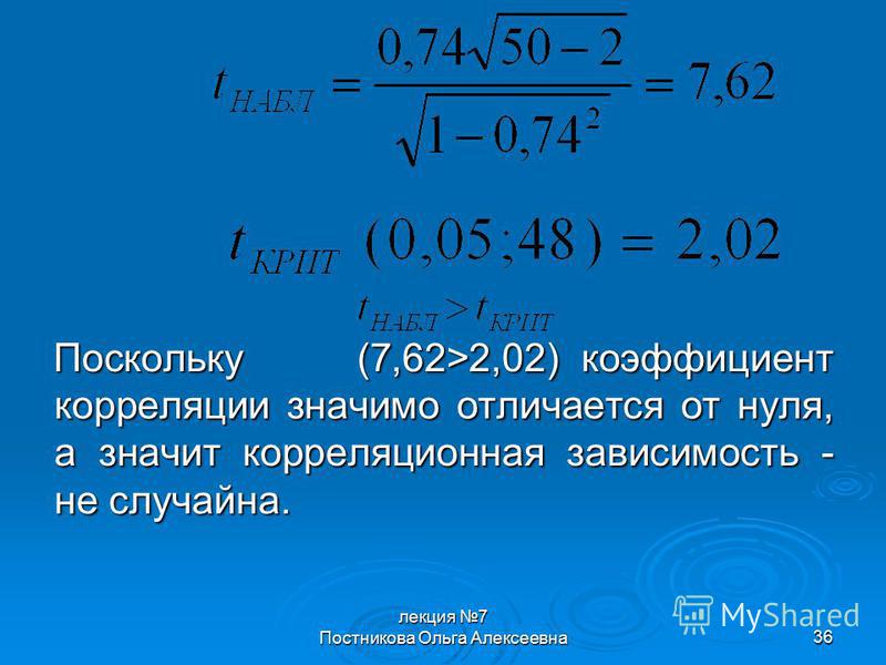 лекция 7 Постникова Ольга Алексеевна 36 Поскольку (7,62>2,02) коэффициент корреляции значимо отличается от нуля, а значит корреляционная зависимость - не случайна.
