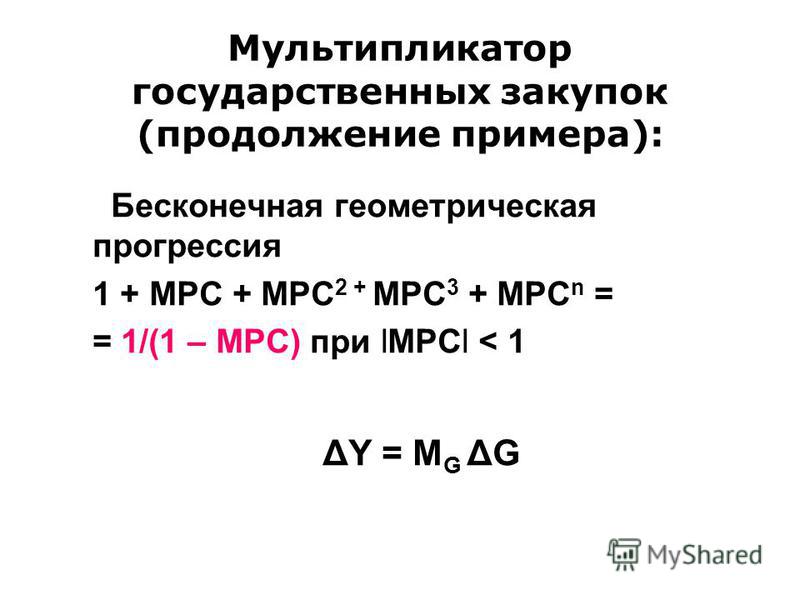 Мультипликатор государственных закупок (продолжение примера): Бесконечная геометрическая прогрессия 1 + MPC + MPC 2 + MPC 3 + MPC n = = 1/(1 – MPC) при lMPCl < 1 ΔY = М G ΔG