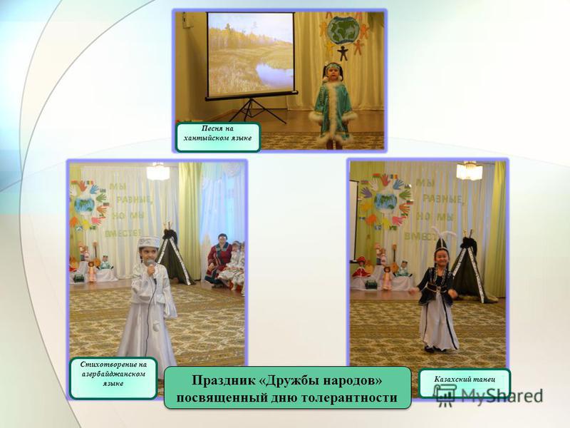 Праздник «Дружбы народов» посвященный дню толерантности Казахский танец Стихотворение на азербайджанском языке Песня на хантыйском языке