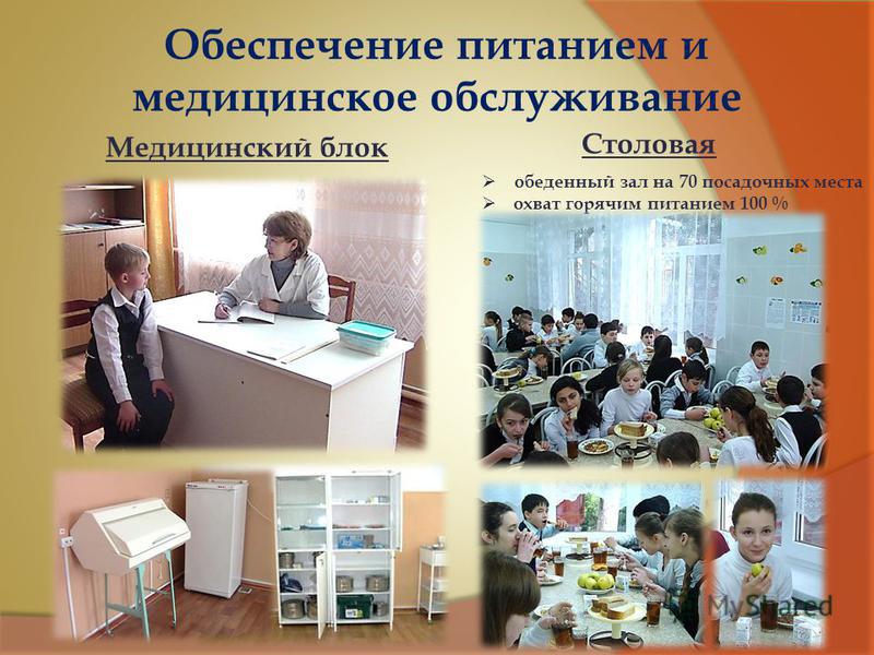 Обеспечение питанием и медицинское обслуживание Столовая Медицинский блок обеденный зал на 70 посадочных места охват горячим питанием 100 %