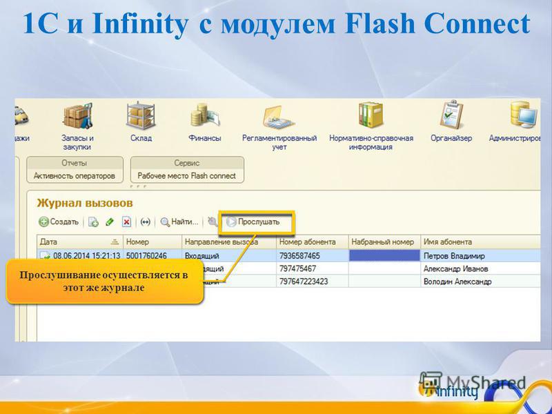 Прослушивание осуществляется в этот же журнале 1C и Infinity c модулем Flash Connect