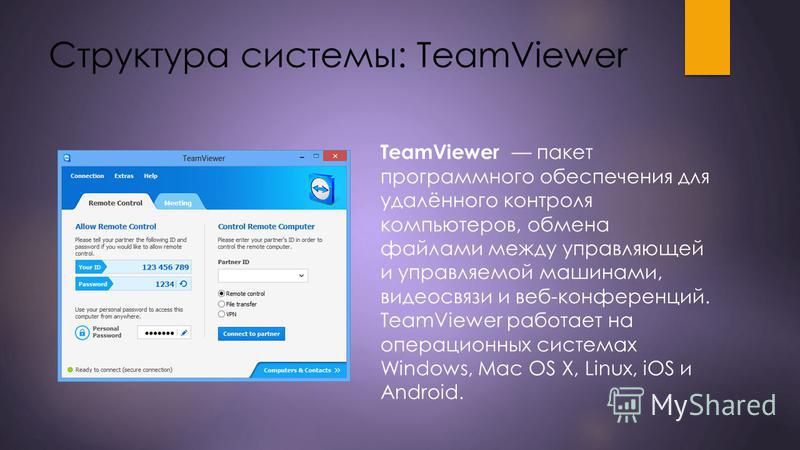 Структура системы: TeamViewer TeamViewer пакет программного обеспечения для удалённого контроля компьютеров, обмена файлами между управляющей и управляемой машинами, видеосвязи и веб-конференций. TeamViewer работает на операционных системах Windows, 