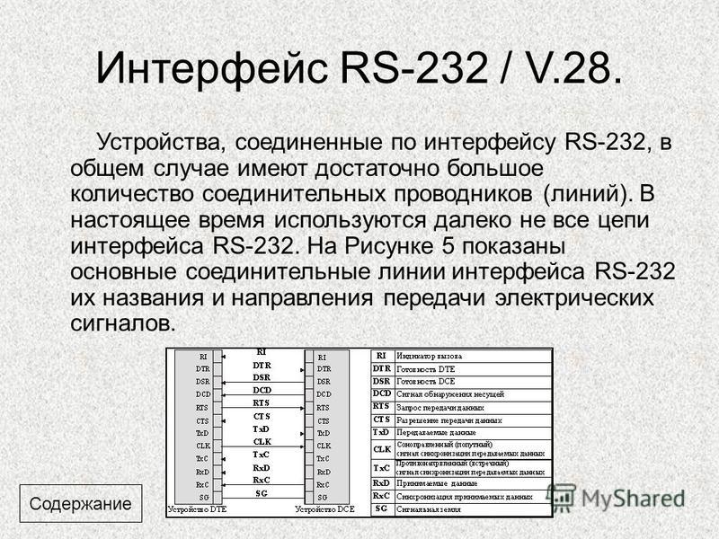 Интерфейс RS-232 / V.28. Устройства, соединенные по интерфейсу RS-232, в общем случае имеют достаточно большое количество соединительных проводников (линий). В настоящее время используются далеко не все цепи интерфейса RS-232. На Рисунке 5 показаны о
