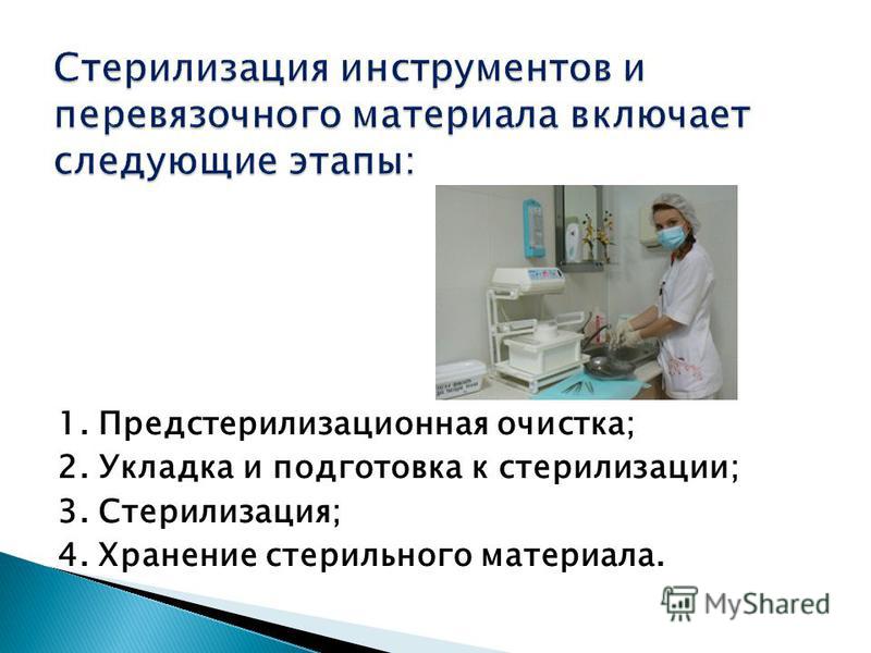 1. Предстерилизационная очистка; 2. Укладка и подготовка к стерилизации; 3. Стерилизация; 4. Хранение стерильного материала.