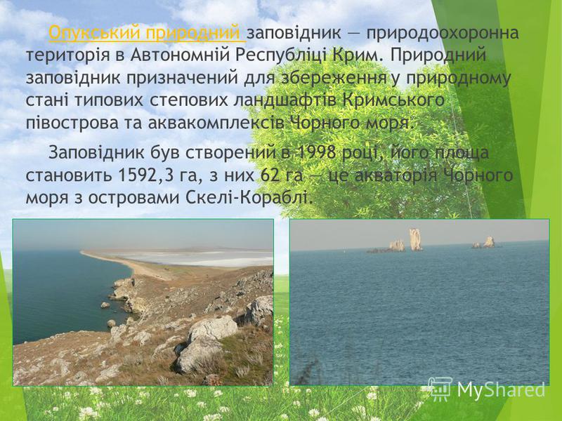 Опукський природний заповідник природоохоронна територія в Автономній Республіці Крим. Природний заповідник призначений для збереження у природному стані типових степових ландшафтів Кримського півострова та аквакомплексів Чорного моря. Заповідник був