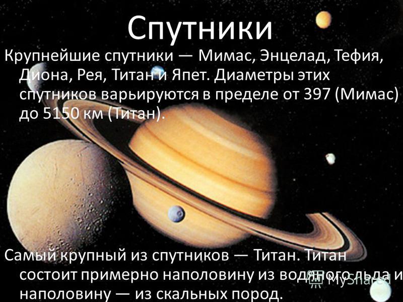 Спутники Крупнейшие спутники Мимас, Энцелад, Тефия, Диона, Рея, Титан и Япет. Диаметры этих спутников варьируются в пределе от 397 (Мимас) до 5150 км (Титан). Самый крупный из спутников Титан. Титан состоит примерно наполовину из водяного льда и напо