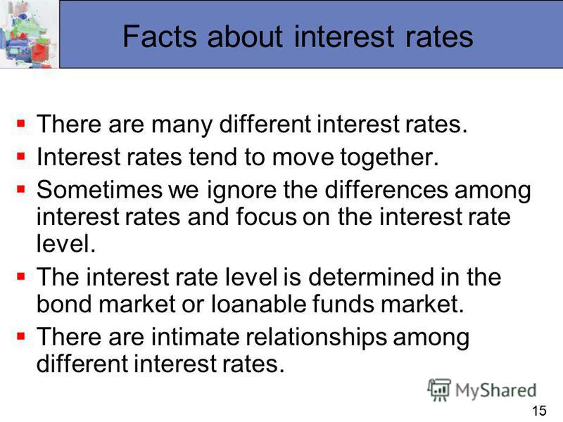 15 Facts about interest rates There are many different interest rates. Interest rates tend to move together. Sometimes we ignore the differences among interest rates and focus on the interest rate level. The interest rate level is determined in the b