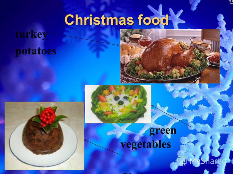 green vegetables a Christmas pudding turkey potatoes