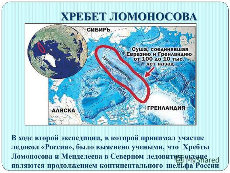 ХРЕБЕТ ЛОМОНОСОВА В ходе второй экспедиции, в которой принимал участие ледокол «Россия», было выяснено учеными, что Хребты Ломоносова и Менделеева в Северном ледовитом океане являются продолжением континентального шельфа России
