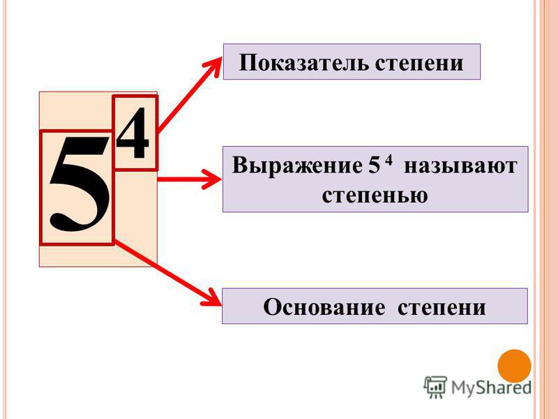 Показатель степени Основание степени 5 4 Выражение 5 4 называют степенью