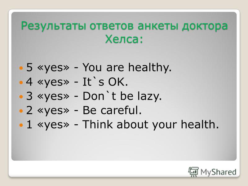 Результаты ответов анкеты доктора Хелса: 5 «yes» - You are healthy. 4 «yes» - It`s OK. 3 «yes» - Don`t be lazy. 2 «yes» - Be careful. 1 «yes» - Think about your health.