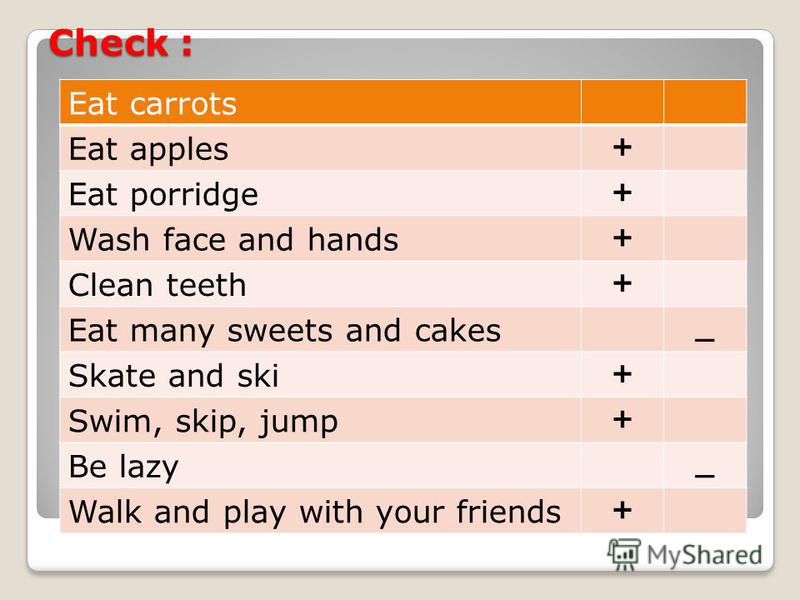 Check : Eat carrots Eat apples + Eat porridge + Wash face and hands + Clean teeth + Eat many sweets and cakes _ Skate and ski + Swim, skip, jump + Be lazy _ Walk and play with your friends +