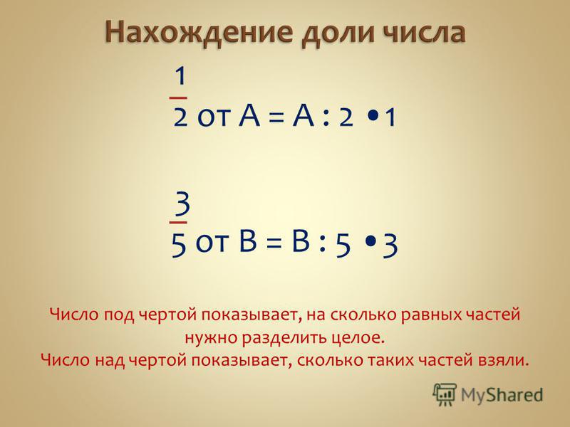 1 2 от А = А : 2 1 3 5 от В = В : 5 3 Число под чертой показывает, на сколько равных частей нужно разделить целое. Число над чертой показывает, сколько таких частей взяли.