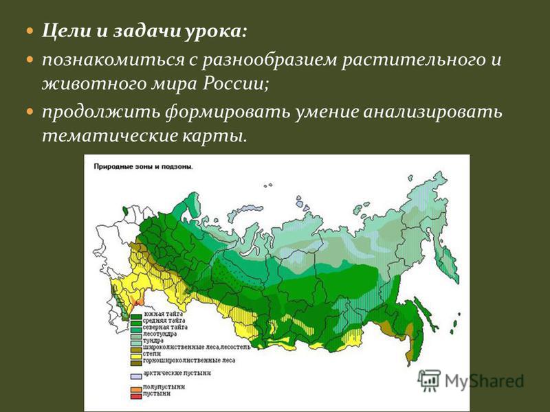 Цели и задачи урока: познакомиться с разнообразием растительного и животного мира России; продолжить формировать умение анализировать тематические карты.