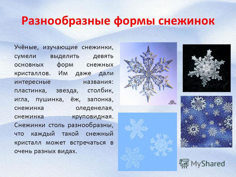Разнообразные формы снежинок Учёные, изучающие снежинки, сумели выделить девять основных форм снежных кристаллов. Им даже дали интересные названия: пластинка, звезда, столбик, игла, пушинка, ёж, запонка, снежинка оледенелая, снежинка круповидная. Сне