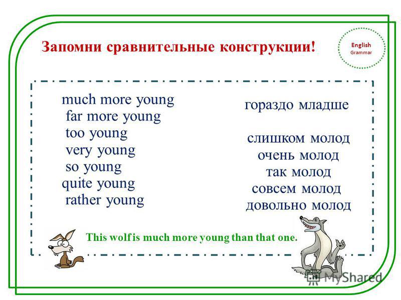 English Grammar Запомни сравнительные конструкции! much more young far more young too young very young so young quite young rather young гораздо младше слишком молод очень молод так молод совсем молод довольно молод This wolf is much more young than 