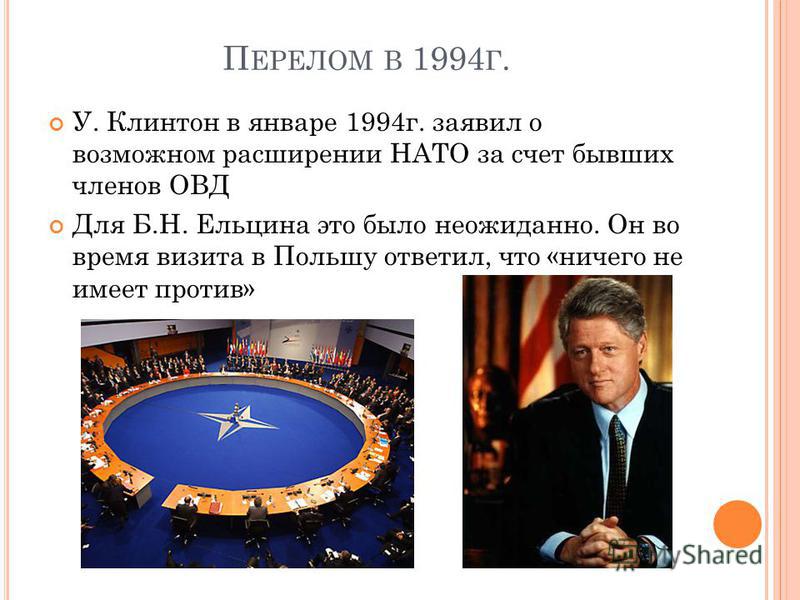 П ЕРЕЛОМ В 1994 Г. У. Клинтон в январе 1994 г. заявил о возможном расширении НАТО за счет бывших членов ОВД Для Б.Н. Ельцина это было неожиданно. Он во время визита в Польшу ответил, что «ничего не имеет против»