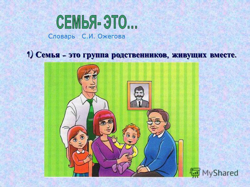 Словарь С.И. Ожегова 1) Семья – это группа родственников, живущих вместе.