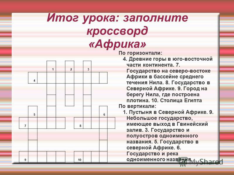 Кроссворд с вопросами по географии на тему африка 7 класс