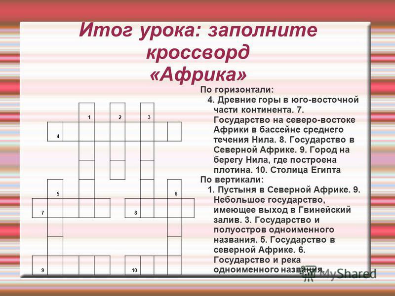 Кроссворд с вопросами по географии на тему африка 7 класс