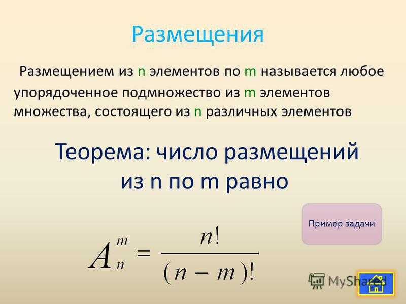Размещения Теорема: число размещений из n по m равно Размещением из n элементов по m называется любое упорядоченное подмножество из m элементов множества, состоящего из n различных элементов Пример задачи