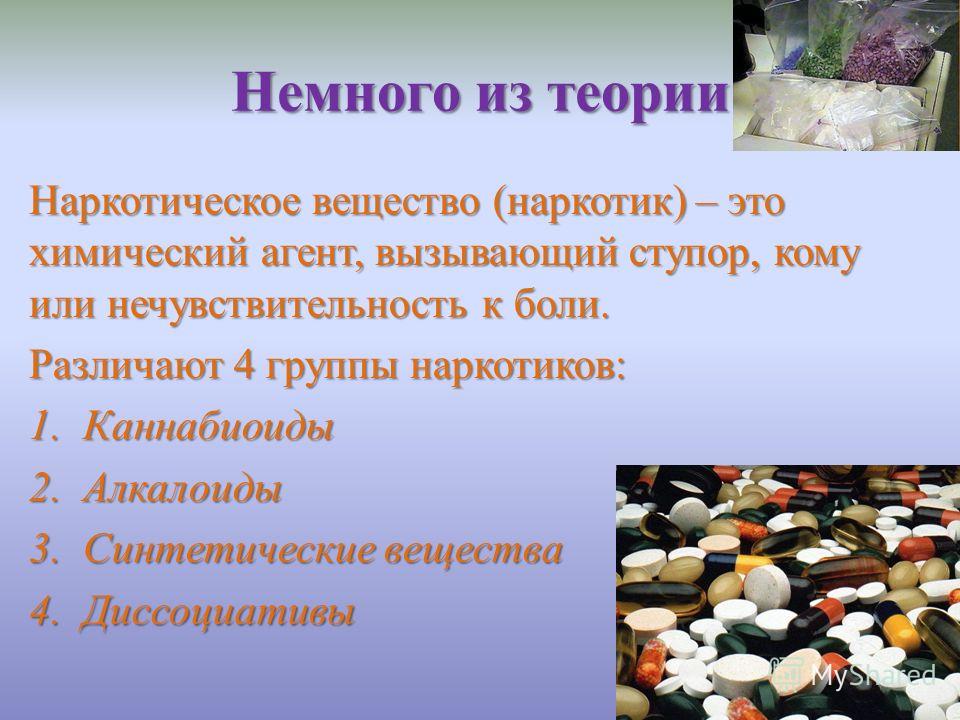 Немного из теории Наркотическое вещество (наркотик) – это химический агент, вызывающий ступор, кому или нечувствительность к боли. Различают 4 группы наркотиков: 1. Каннабиоиды 2. Алкалоиды 3. Синтетические вещества 4.Диссоциативы