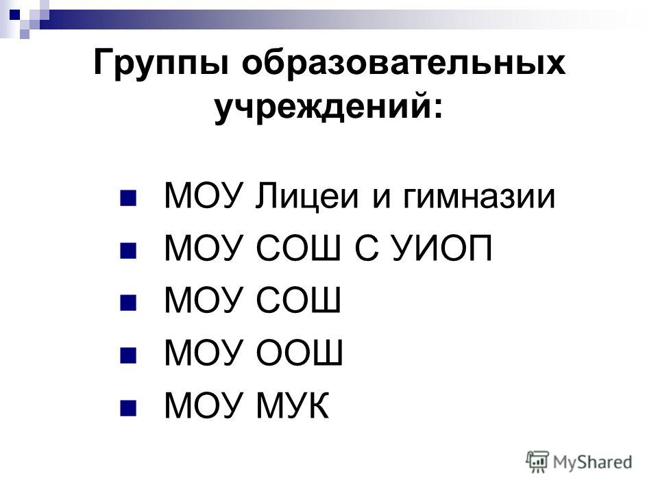 Группы образовательных учреждений: МОУ Лицеи и гимназии МОУ СОШ С УИОП МОУ СОШ МОУ ООШ МОУ МУК