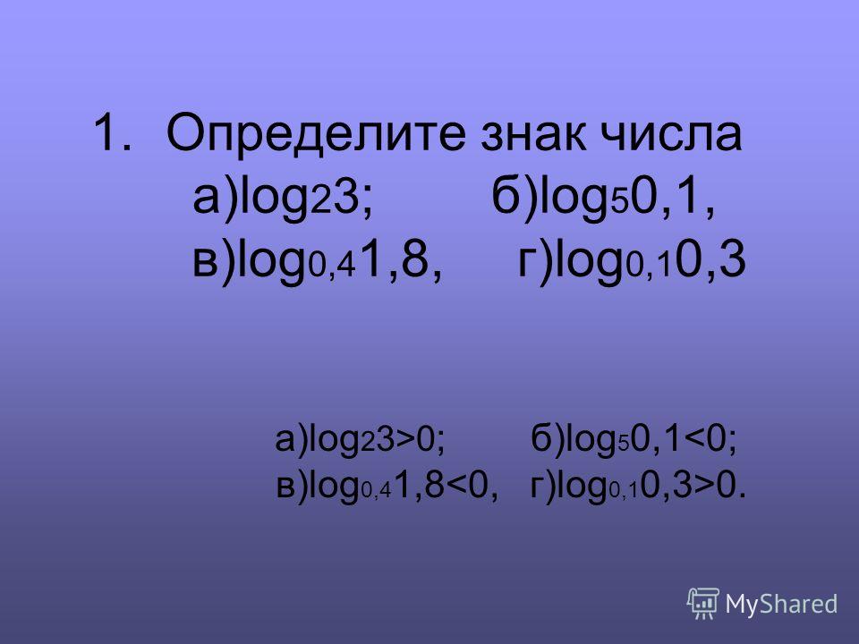 1. Определите знак числа а)log 2 3 ; б)log 5 0,1, в)log 0,4 1,8, г)log 0,1 0,3 а)log 2 3>0 ; б)log 5 0,1 0.