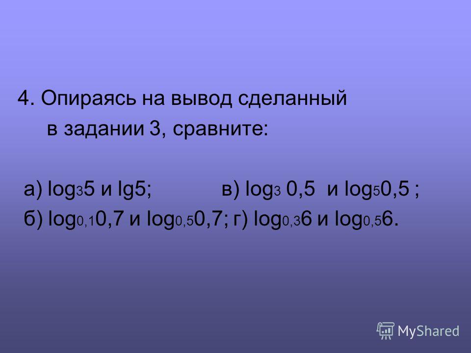 4. Опираясь на вывод сделанный в задании 3, сравните: а) log 3 5 и lg5; в) log 3 0,5 и log 5 0,5 ; б) log 0,1 0,7 и log 0,5 0,7; г) log 0,3 6 и log 0,5 6.