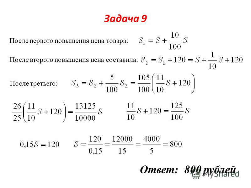 Задача 9 После первого повышения цена товара: После второго повышения цена составила: После третьего: Ответ: 800 рублей