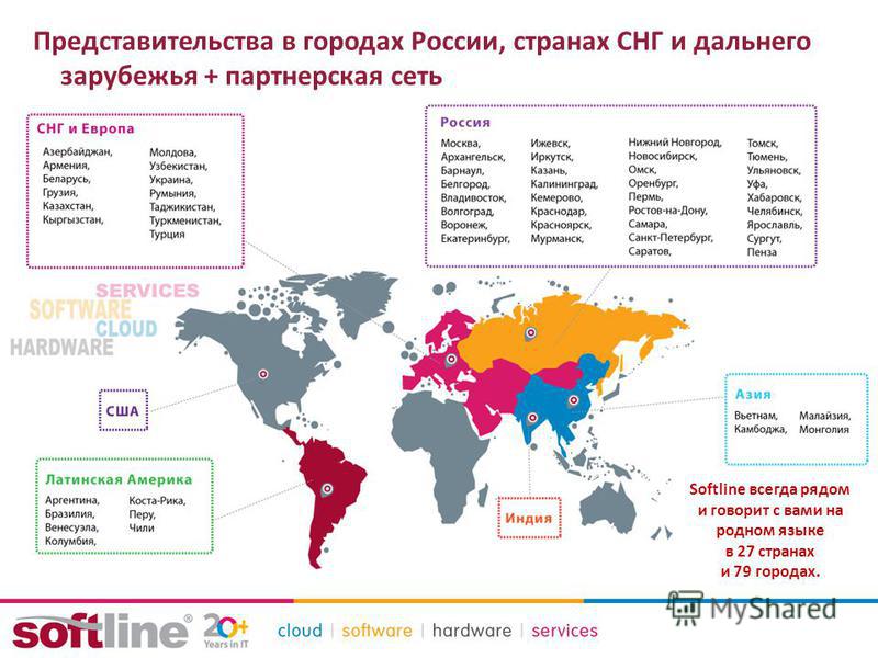 Представительства в городах России, странах СНГ и дальнего зарубежья + партнерская сеть Softline всегда рядом и говорит с вами на родном языке в 27 странах и 79 городах.
