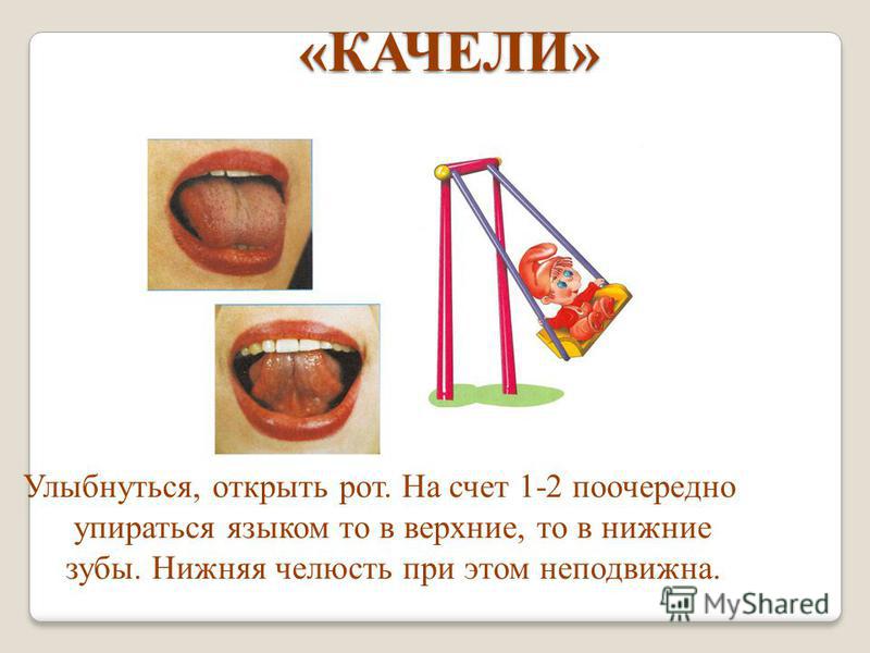 «КАЧЕЛИ» «КАЧЕЛИ» Улыбнуться, открыть рот. На счет 1-2 поочередно упираться языком то в верхние, то в нижние зубы. Нижняя челюсть при этом неподвижна.
