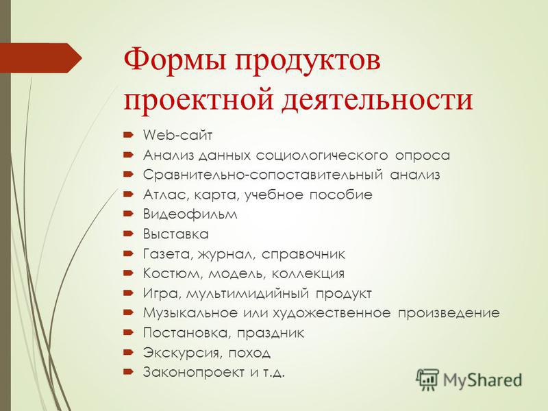 Распределите виды результатов проектов продукты по группам исследовательский проект