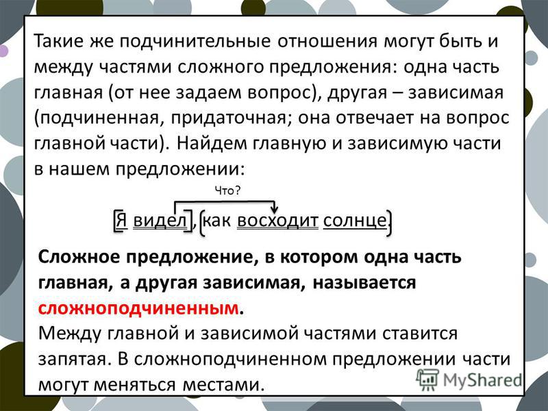 Между частями сложноподчиненного предложения ставится пример