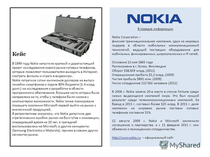 В порядке информации Nokia Corporation – финская транснациональная компания, один из мировых лидеров в области мобильных коммуникационный технологий, ведущий поставщик оборудования для мобильных, фиксированных, широкополосных и IP-сетей. Основана 12 