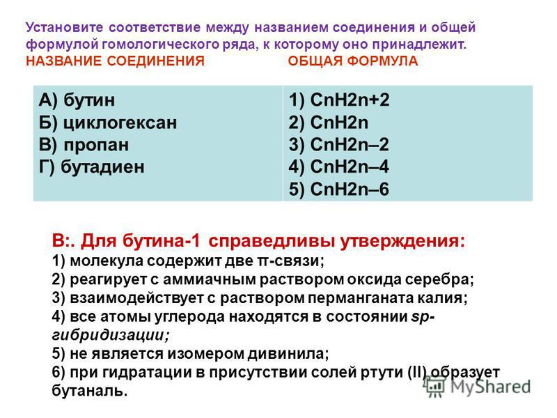Установите соответствие между названием соединения и общей формулой гомологического ряда, к которому оно принадлежит. НАЗВАНИЕ СОЕДИНЕНИЯ ОБЩАЯ ФОРМУЛА А) бутин Б) циклогексан В) пропан Г) бутадиен 1) CnH2n+2 2) CnH2n 3) CnH2n–2 4) CnH2n–4 5) CnH2n–6