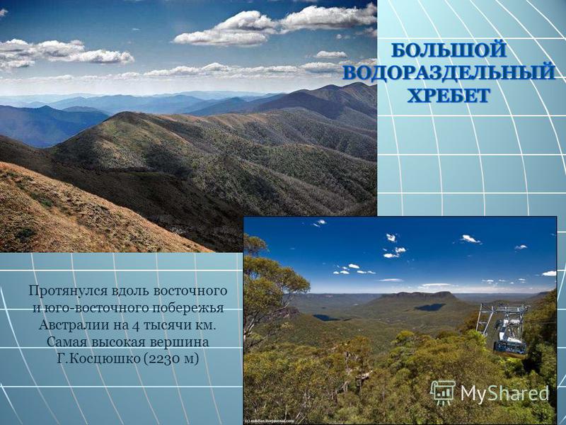 Протянулся вдоль восточного и юго-восточного побережья Австралии на 4 тысячи км. Самая высокая вершина Г.Косцюшко (2230 м)