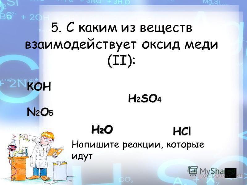 5. С каким из веществ взаимодействует оксид меди (II): КОН H 2 SO 4 N2O5N2O5N2O5N2O5 H2OH2OH2OH2O Напишите реакции, которые идут HCl