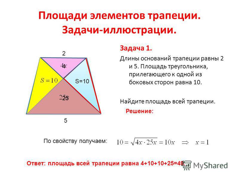 Площади элементов трапеции. Задачи-иллюстрации. Задача 1. Длины оснований трапеции равны 2 и 5. Площадь треугольника, прилегающего к одной из боковых сторон равна 10. Найдите площадь всей трапеции. S=10 2 5 Решение: По свойству получаем: 4 25 Ответ: 