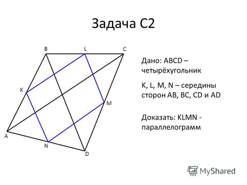 Задача С2 A BC D M N K Дано: ABCD – четырёхугольник K, L, M, N – середины сторон AB, BC, CD и AD Доказать: KLMN - параллелограмм L