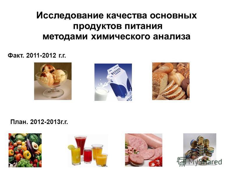Исследование качества основных продуктов питания методами химического анализа Факт. 2011-2012 г.г. План. 2012-2013 г.г.