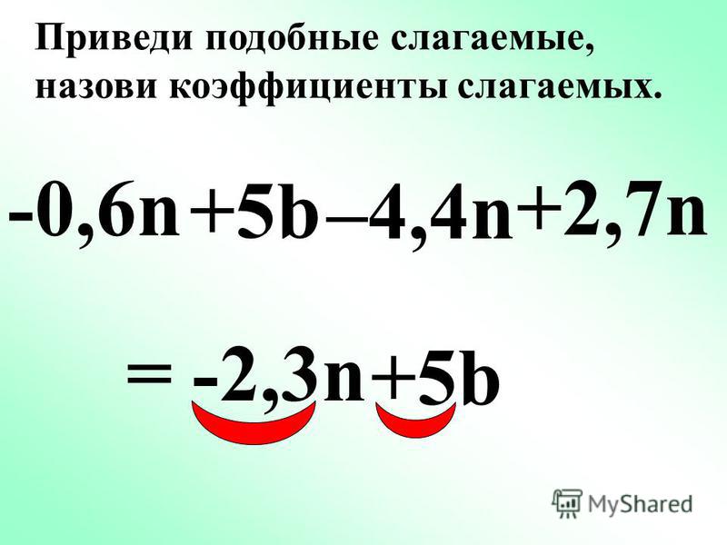 -0,6n +5b –2,4n +1,2b = -3n +6,2b Приведи подобные слагаемые, назови коэффициенты слагаемых.