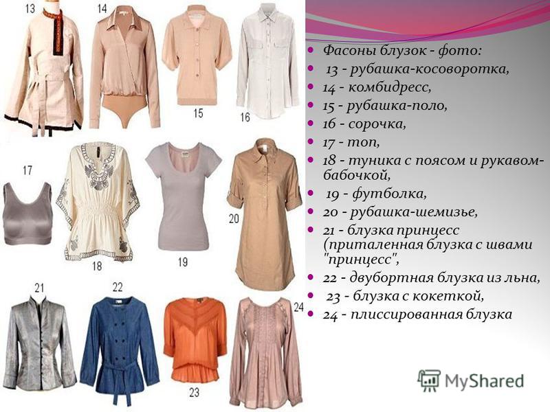 Фасоны блузок - фото: 13 - рубашка-косоворотка, 14 - комбидресс, 15 - рубашка-поло, 16 - сорочка, 17 - топ, 18 - туника с поясом и рукавом- бабочкой, 19 - футболка, 20 - рубашка-шемизье, 21 - блузка принцесс (приталенная блузка с швами 