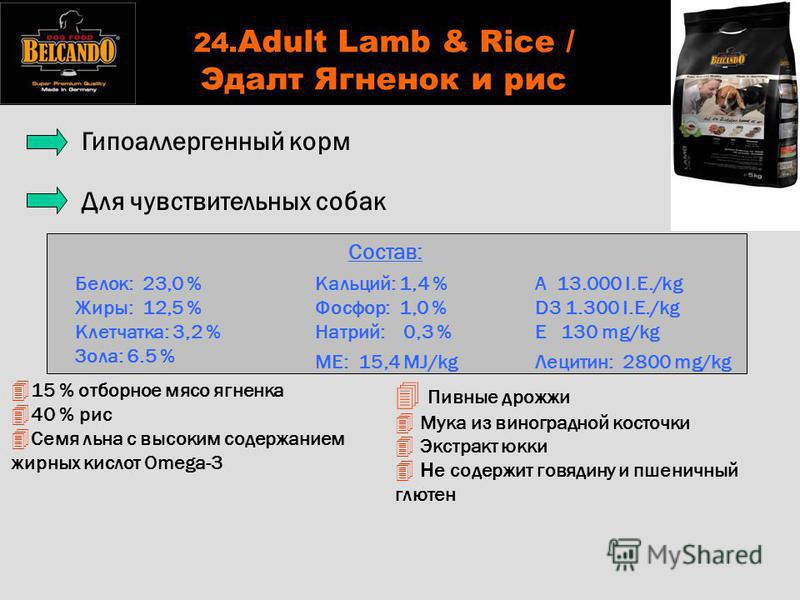 24. Adult Lamb & Rice / Эдалт Ягненок и рис 4 15 % отборное мясо ягненка 4 40 % рис Семя льна с высоким содержанием жирных кислот Omega-3 Состав: Белок: 23,0 % Жиры: 12,5 % Клетчатка: 3,2 % Зола: 6.5 % Кальций: 1,4 % Фосфор: 1,0 % Натрий: 0,3 % ME: 1