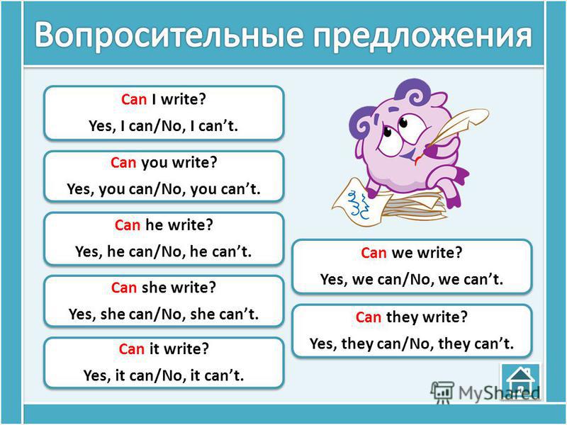 Can I write? Yes, I can/No, I cant. Can you write? Yes, you can/No, you cant. Can he write? Yes, he can/No, he cant. Can she write? Yes, she can/No, she cant. Can it write? Yes, it can/No, it cant. Can we write? Yes, we can/No, we cant. Can they writ