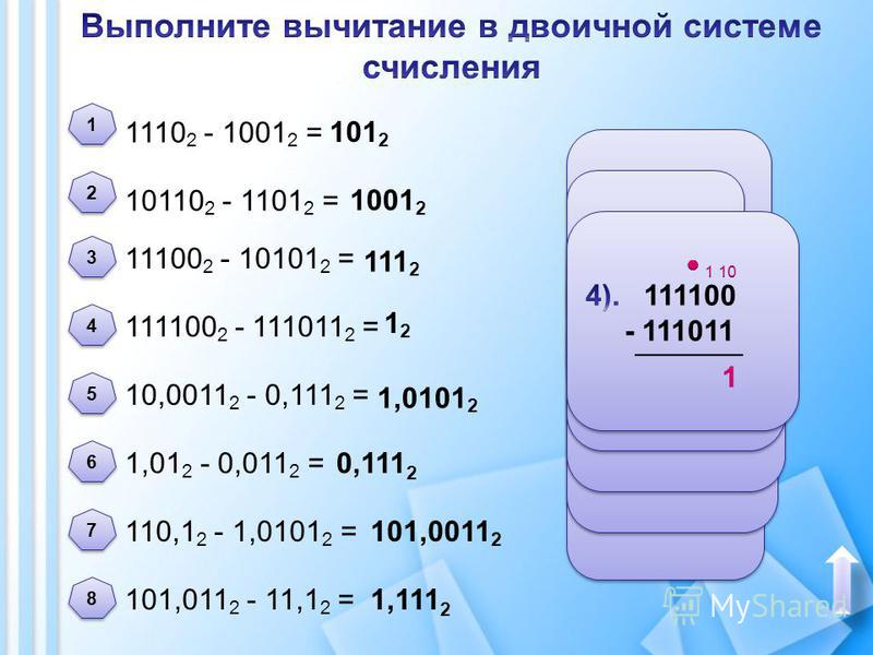 1110 2 - 1001 2 = 10110 2 - 1101 2 = 111100 2 - 111011 2 = 11100 2 - 10101 2 = 10,0011 2 - 0,111 2 = 1,01 2 - 0,011 2 = 110,1 2 - 1,0101 2 = 101,011 2 - 11,1 2 = 101 2 1001 2 111 2 1212 1,0101 2 0,111 2 1,111 2 1 1 2 2 3 3 8 8 7 7 6 6 5 5 4 4