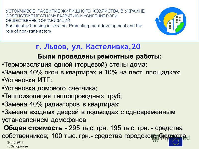 УСТОЙЧИВОЕ РАЗВИТИЕ ЖИЛИЩНОГО ХОЗЯЙСТВА В УКРАИНЕ СОДЕЙСТВИЕ МЕСТНОМУ РАЗВИТИЮ И УСИЛЕНИЕ РОЛИ ОБЩЕСТВЕННЫХ ОРГАНИЗАЦИЙ Sustainable housing in Ukraine: Promoting local development and the role of non-state actors г. Львов, ул. Кастеливка,20 24.10.201