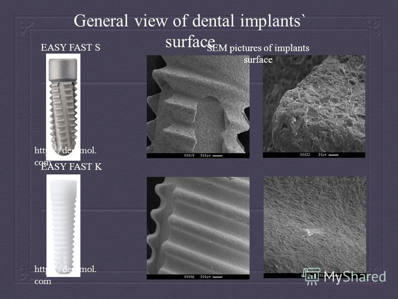 General view of dental implants` surface EASY FAST S EASY FAST K http://dentmol. com SEM pictures of implants surface